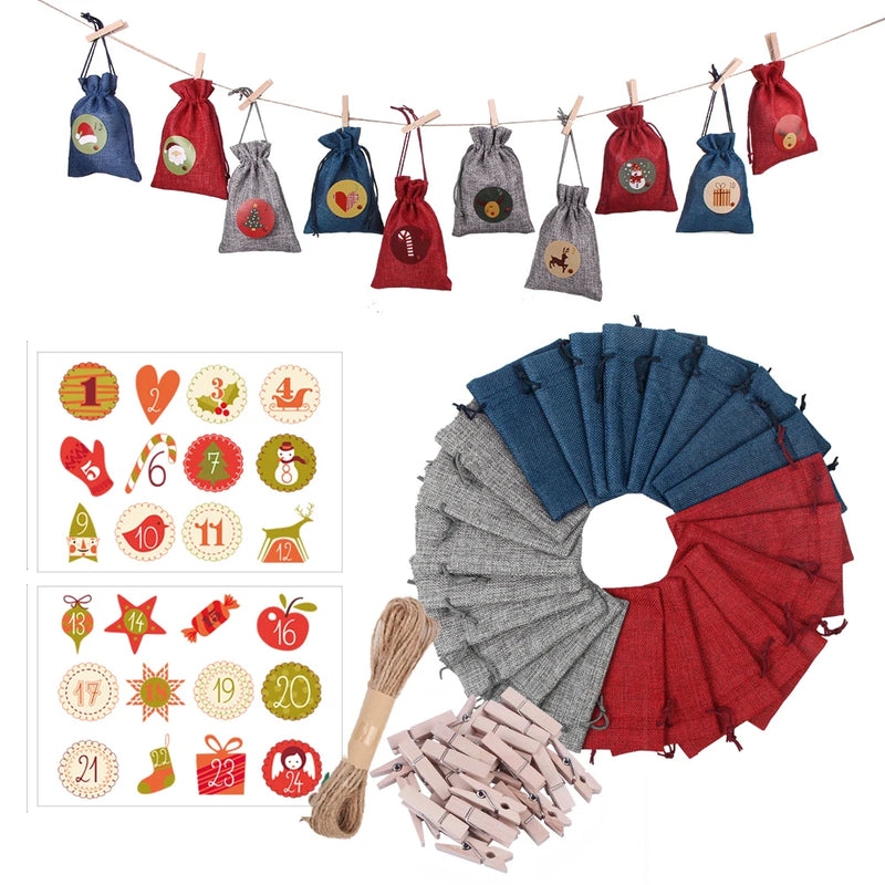 24pcs Christmas Advent Bag Calender Days Pouch DIY Numbers Bag Gift Bag Can Logo