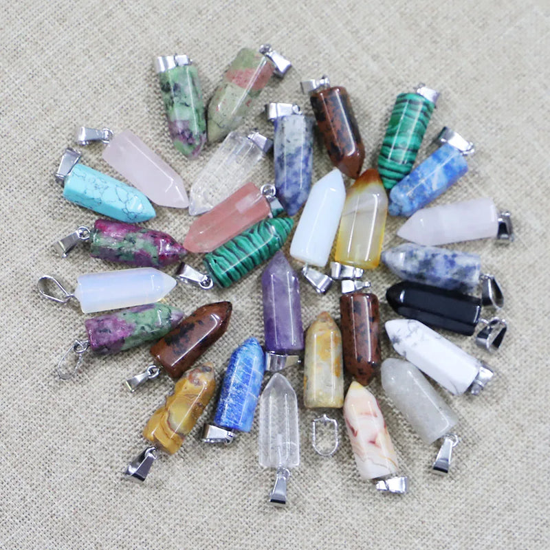 24pcs Natural Stone Necklace Hexagonal Pillar Pendant Reiki Charm DIY Jewelry