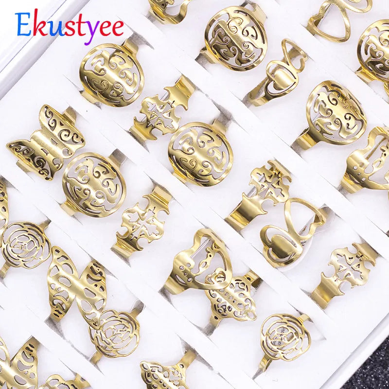 24pcs Stainless Steel Mix Styles Hollow Rings for Women High Women Jewelry