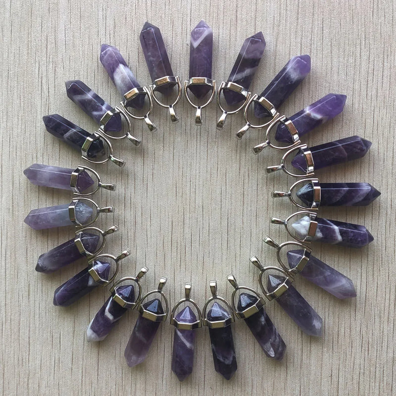 24pcs Natural Stripe Amethysts Charms Hexagonal Healing Reiki Point Pendants