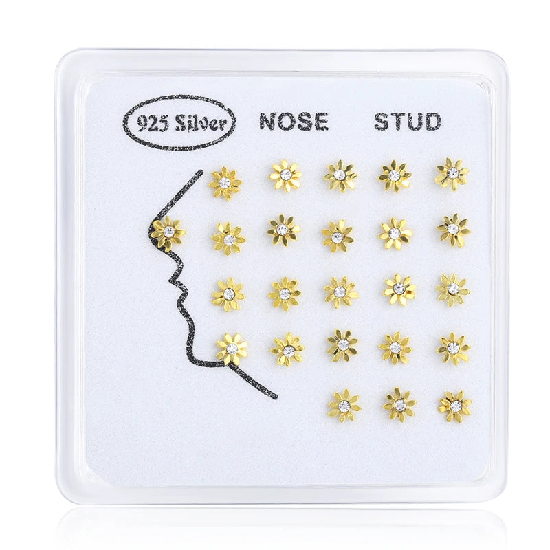 24pcs 925 Sterling Silver Vintage Rhinestone Sun Nose Rings & Studs