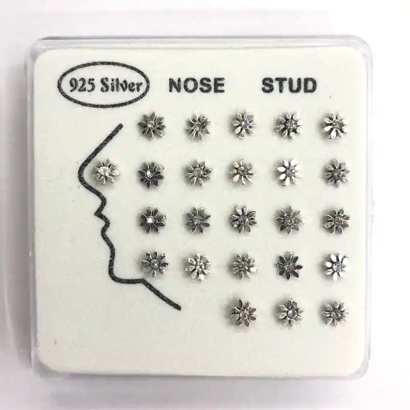 24pcs 925 Sterling Silver Vintage Rhinestone Sun Nose Rings & Studs