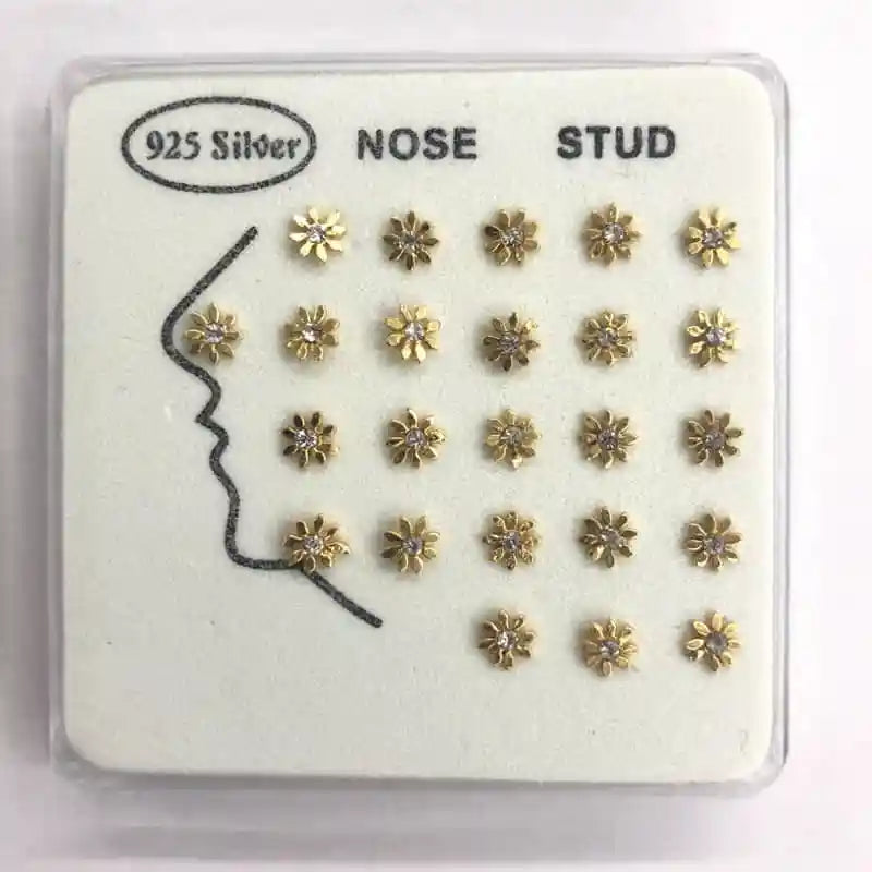 24pcs 925 Sterling Silver Vintage Rhinestone Sun Nose Rings & Studs