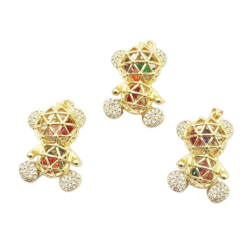 10pcs Colored Zircon Bear Pendant, Plated Hollow Bear Charm