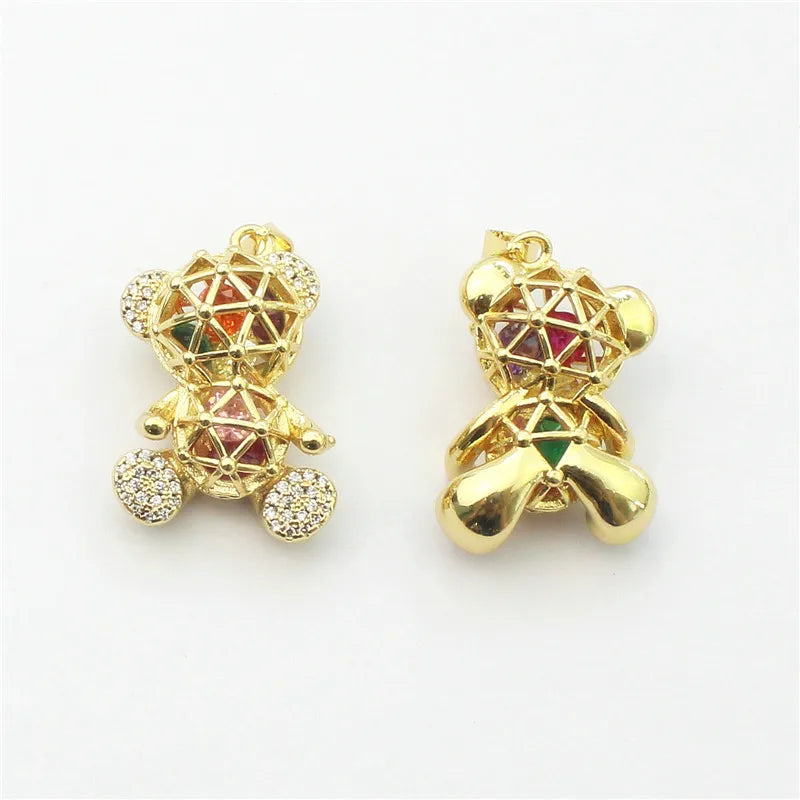 10pcs Colored Zircon Bear Pendant, Plated Hollow Bear Charm