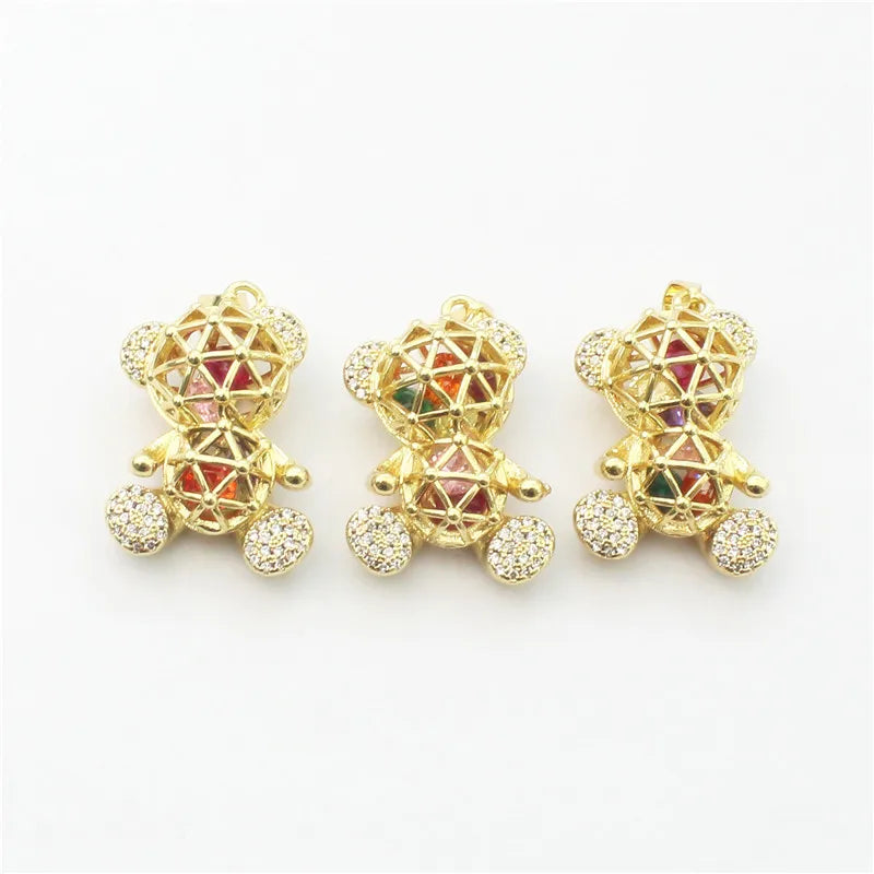 10pcs Colored Zircon Bear Pendant, Plated Hollow Bear Charm