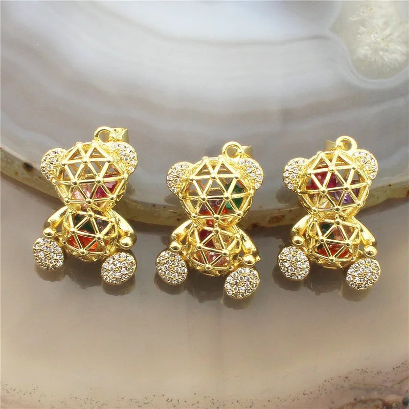 10pcs Colored Zircon Bear Pendant, Plated Hollow Bear Charm