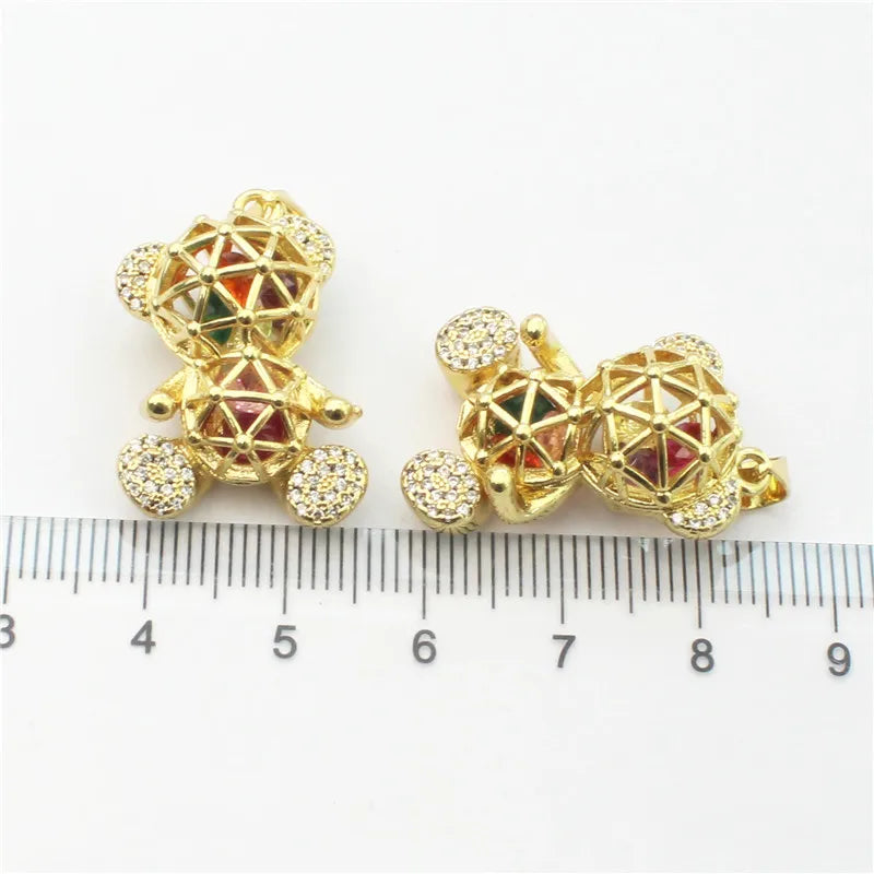 10pcs Colored Zircon Bear Pendant, Plated Hollow Bear Charm