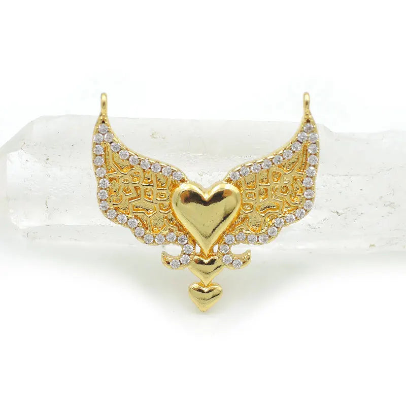 Micro Pave Clear CZ 2 Wings 3 Hearts Charm 25*25*3mm