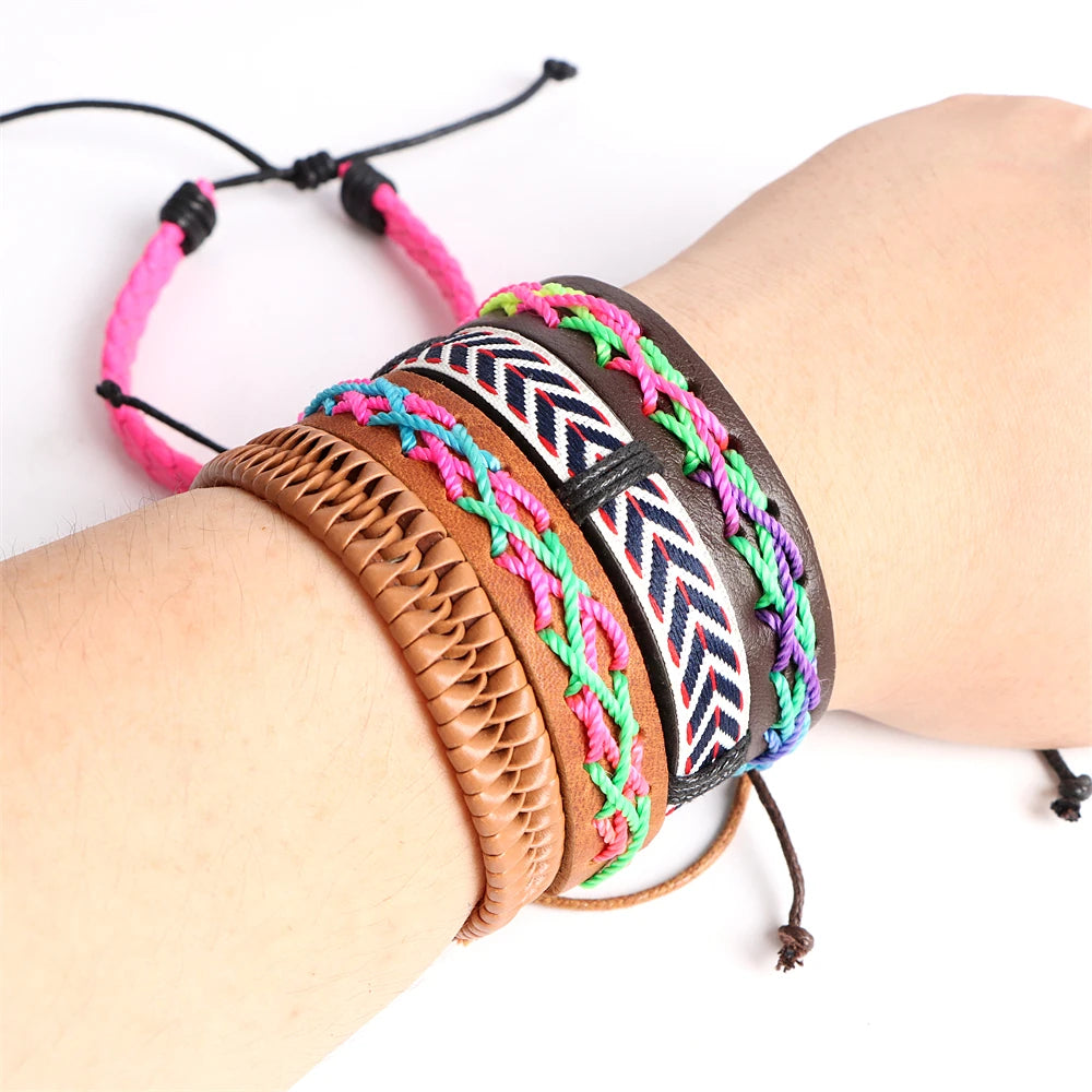 Vintage Brown Ethnic Leather Bracelets Metal Cuff Bangle Jewelry