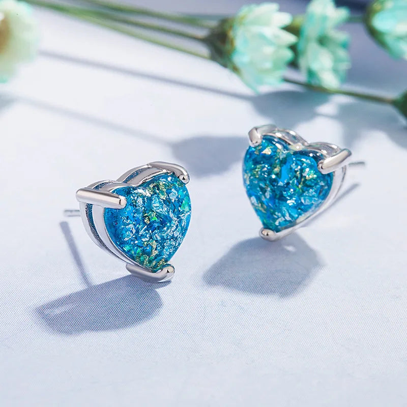 Silver Heart-Shaped Earrings Colorful Stone Zircon Jewelry for Women