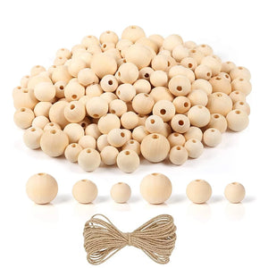 250Pcs Wooden Beads for Crafts, 3 Sizes, with Jute Twine