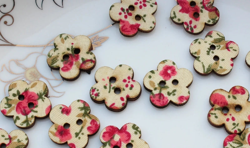250pcs Floral Fabric Wood Buttons Painted Flowers Beads Charm