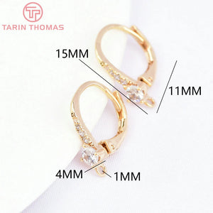 4PCS 15MM 24k Brass Zircon Earrings Hooks DIY Jewelry Findings