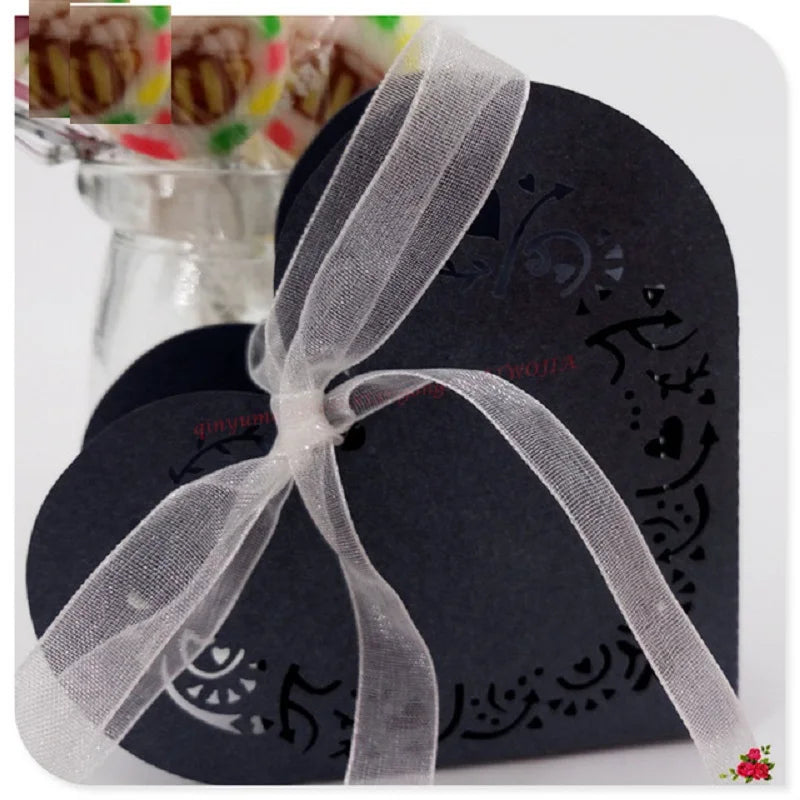 25Pcs Candy Box Love Heart Carton Hollowed Ribbon for Guests Party Wedding