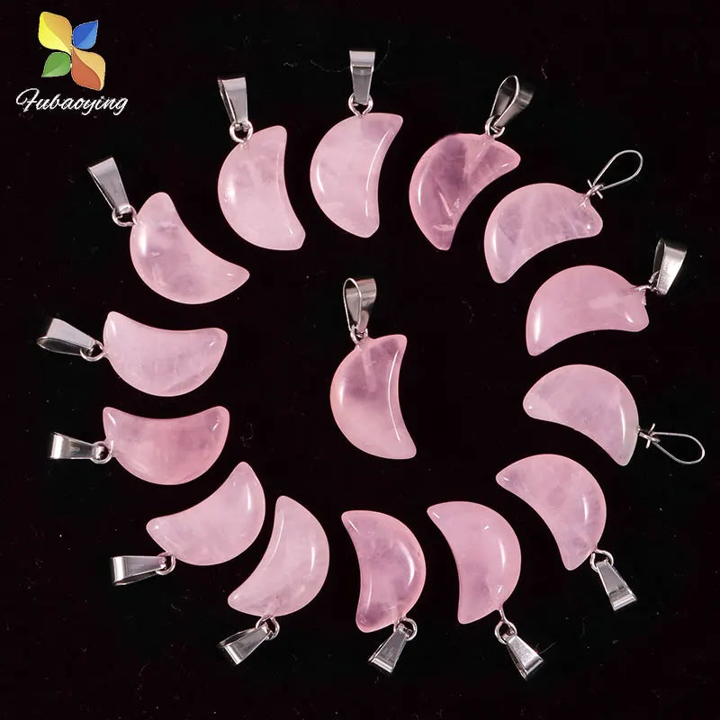 25pcs Natural Pink Quartz Moon Pendants Necklace DIY Jewelry Making Women