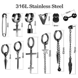 25pcs Stainless Steel Cross Dangle Earrings Hinged Hoops Long Chain Punk Jewelry