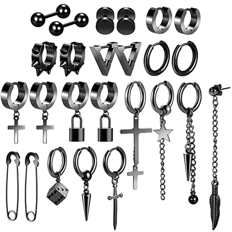 25pcs Stainless Steel Cross Dangle Earrings Hinged Hoops Long Chain Punk Jewelry