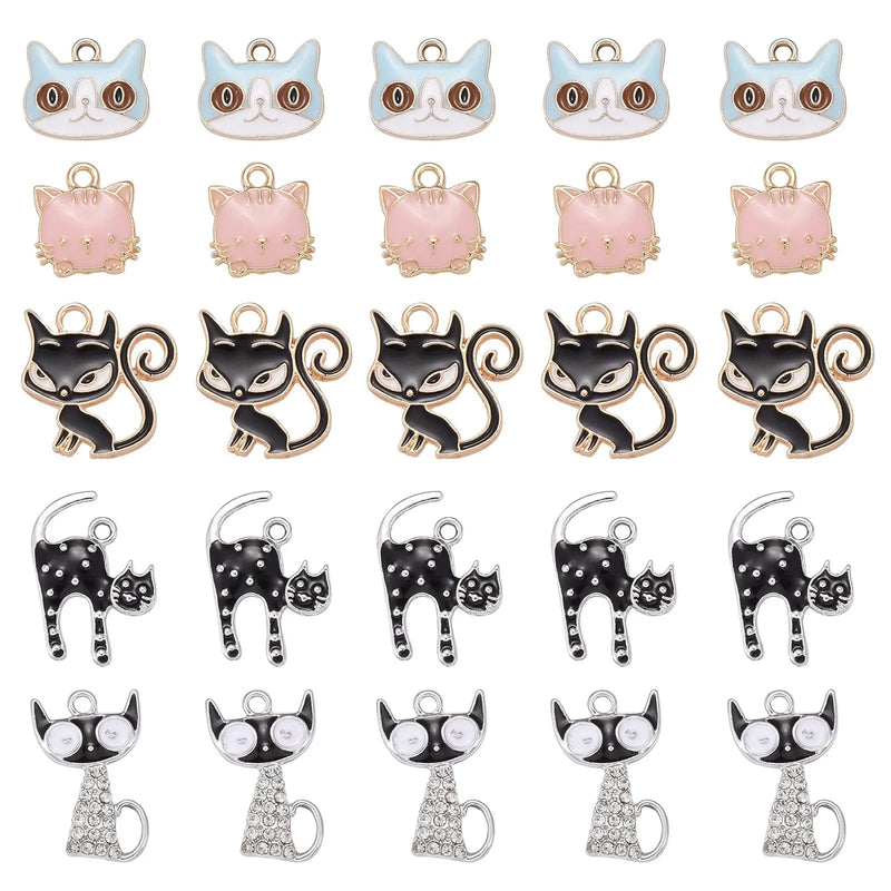 25pcs Mixed Cat Enamel Charms for Jewelry Making