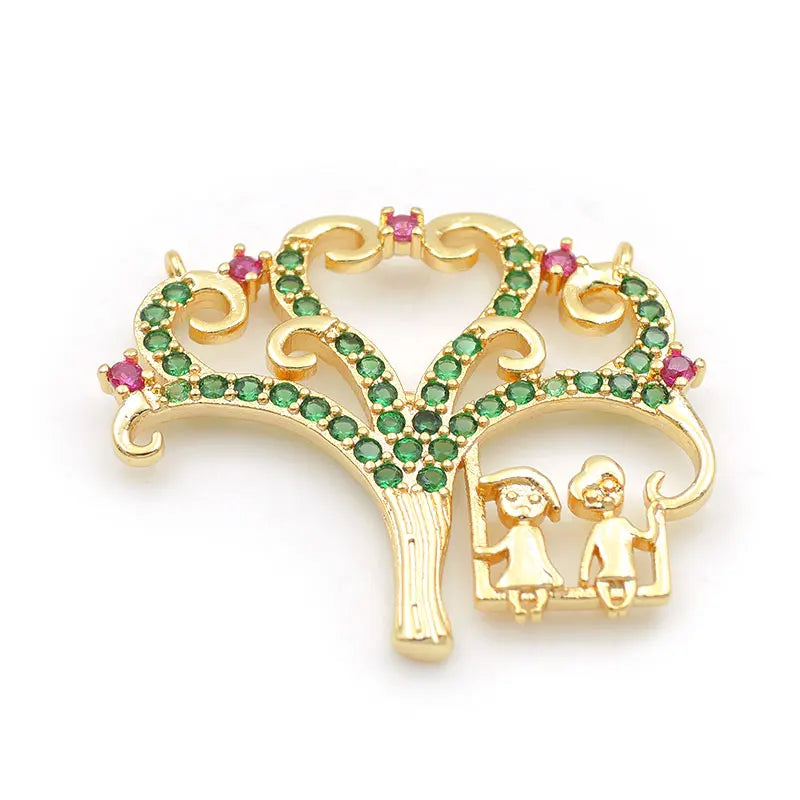 Micro Pave Green&Red CZ Life Tree Charm Double Circles Necklace Jewelry
