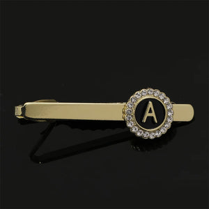 26 Letters Capital Initial A-D-G-Z Tie Clip With Crystal Around Pattern Golden