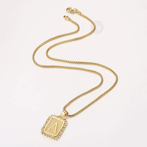 26 Letters Necklace Crystal Rhinestone Square Pendant Box Chain Jewelry GP441B