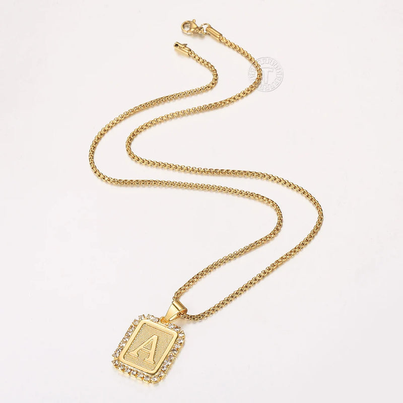 26 Letters Necklace Crystal Rhinestone Square Pendant Box Chain Jewelry GP441B