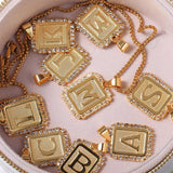 26 Letters Necklace Crystal Rhinestone Square Pendant Box Chain Jewelry GP441B