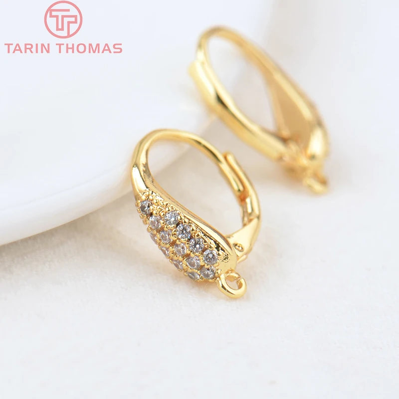 4PCS Oval Circle Earrings Hooks 24K Brass Zircon DIY Jewelry Findings