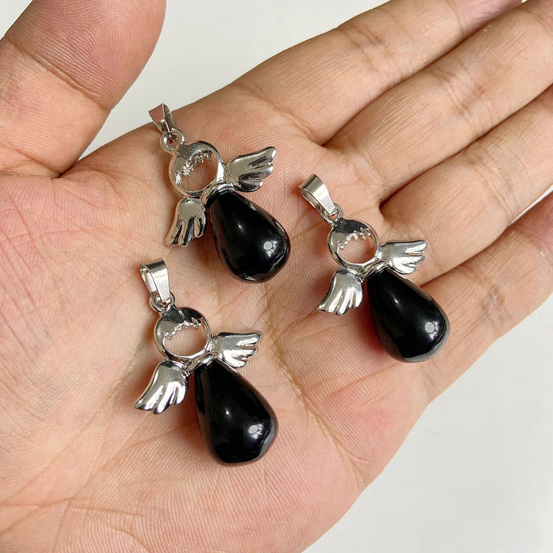 Natural Stone Angel Wings Pendants for Jewelry Making 5pcs