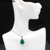 Green Emerald Jewelry Set 27x13mm Drop Shape Pendant Earrings