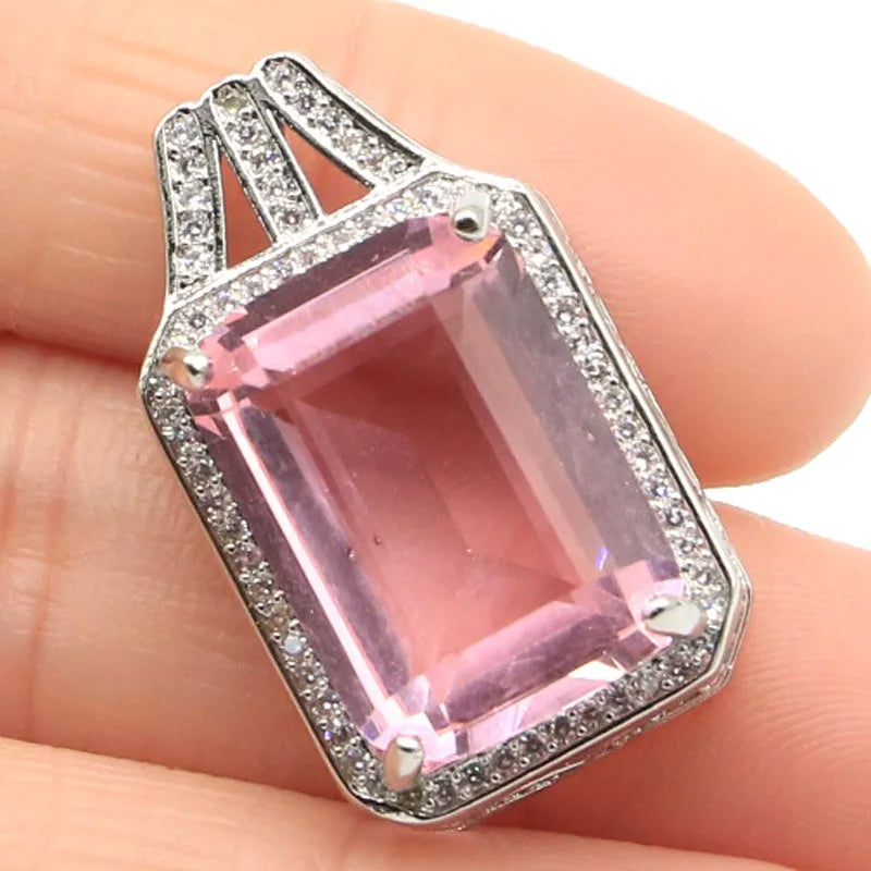 27x16mm Aquamarine Pink Kunzite CZ Engagement Silver Pendant