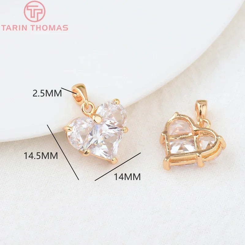 4PCS 14x14.5MM 24K Brass Zircon Heart Charms Pendants