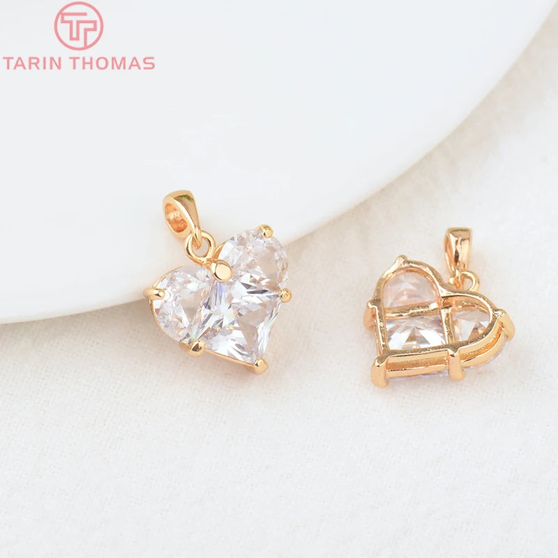 4PCS 24K Brass Zircon Heart Charms Pendants