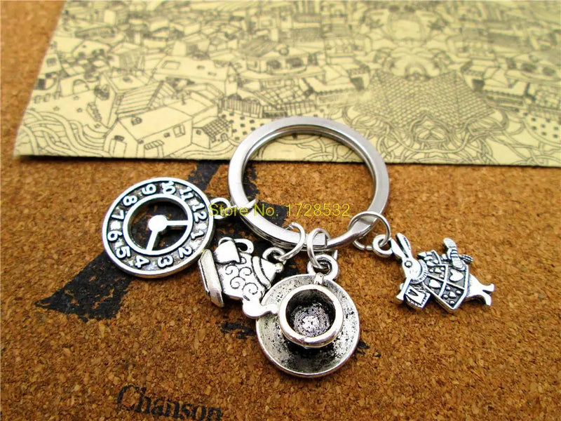 28mm Stainless Steel Teapot Keyring with Clock and Teacup Rabbit