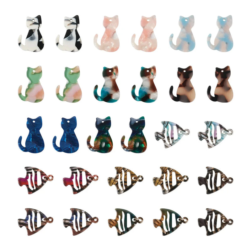 28pcs Cat Charms Hollow Fish Acrylic Pendant for DIY Jewelry Making