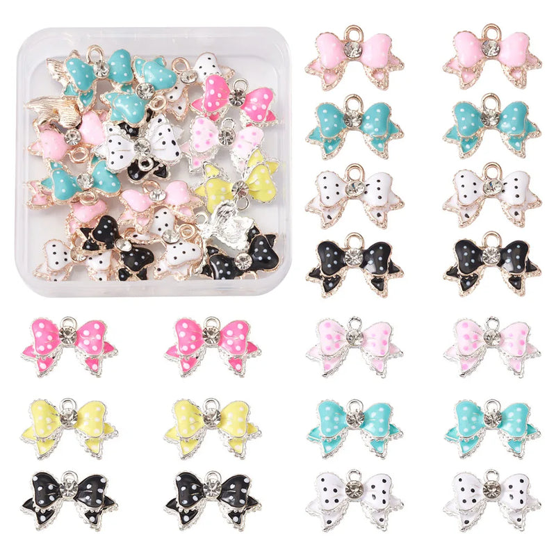 28pcs Enamel Bow Charms Rhinestone Bowknot Pendants