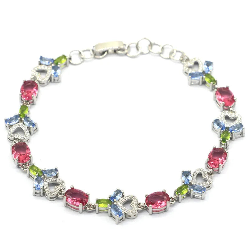 Pink Tourmaline Green Peridot Tanzanite CZ Silver Bracelet 7-9in