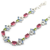 Pink Tourmaline Green Peridot Tanzanite CZ Silver Bracelet 7-9in