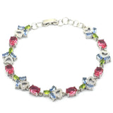 Pink Tourmaline Green Peridot Tanzanite CZ Silver Bracelet 7-9in
