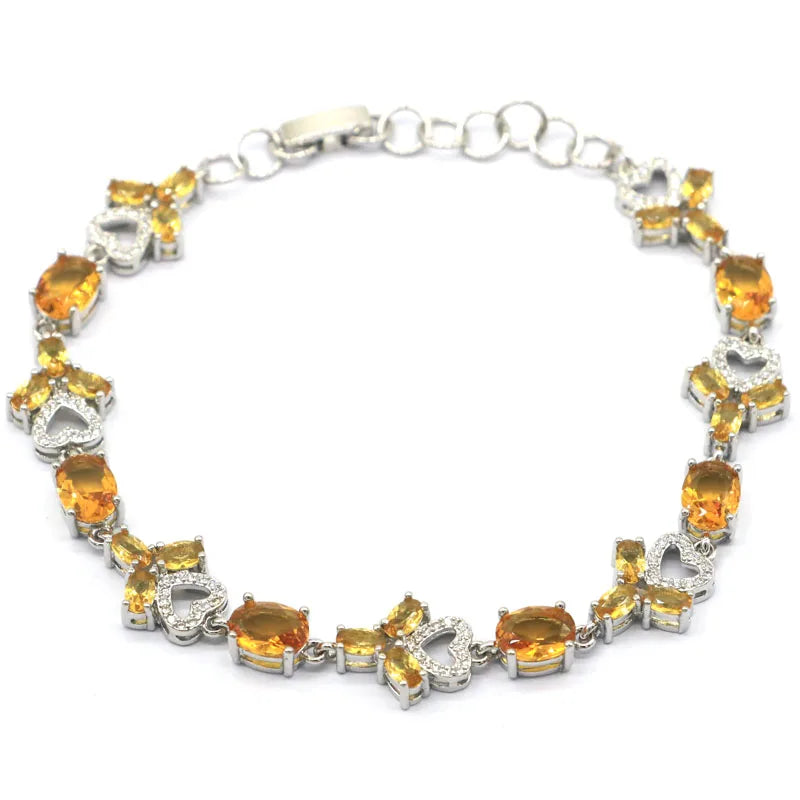 Golden Citrine Pink Kunzite CZ Silver Bracelet 7.0-9.0inch