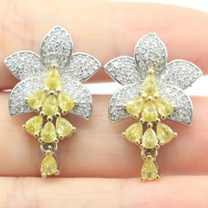 Big Flower Citrine CZ Wedding Silver Earrings