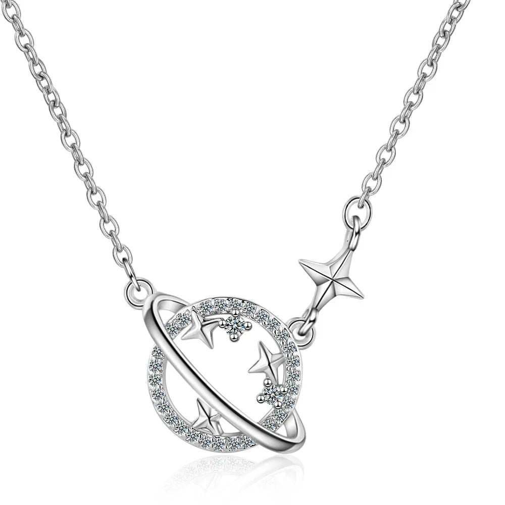 925 Silver Crystal Zircon Heart LOVE Moon Star Necklace Women's Jewelry