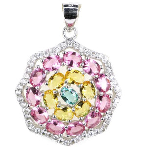 Aquamarine Pink Tourmaline Citrine Kunzite Pendant 925 Sterling Silver