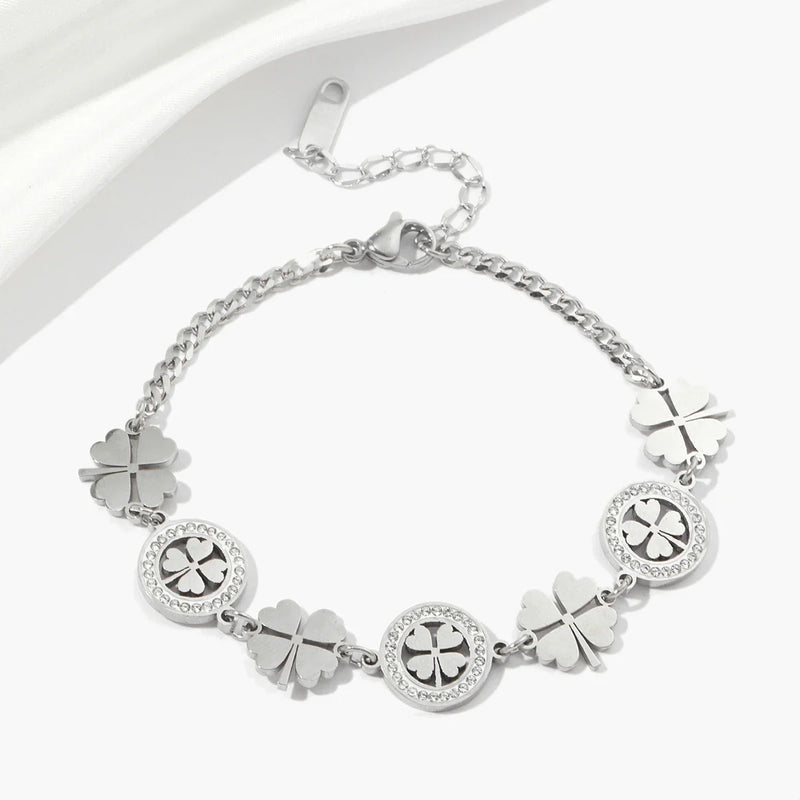 Lucky Four Leaf Clover Charm Bracelet Stainless Steel Chain Jewelry