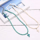 2Colors Stone Chokers Necklaces Light Blue&White Pendant Prayer Cross