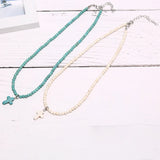 2Colors Stone Chokers Necklaces Light Blue&White Pendant Prayer Cross