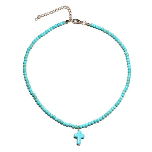 2Colors Stone Chokers Necklaces Light Blue&White Pendant Prayer Cross