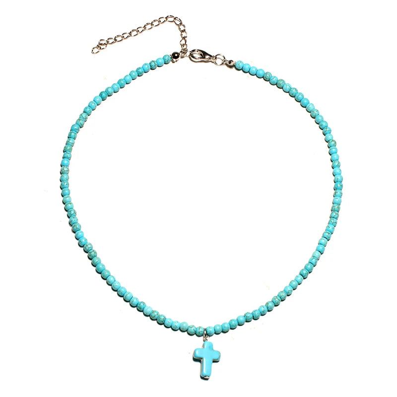 2Colors Stone Chokers Necklaces Light Blue&White Pendant Prayer Cross