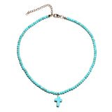 2Colors Stone Chokers Necklaces Light Blue&White Pendant Prayer Cross